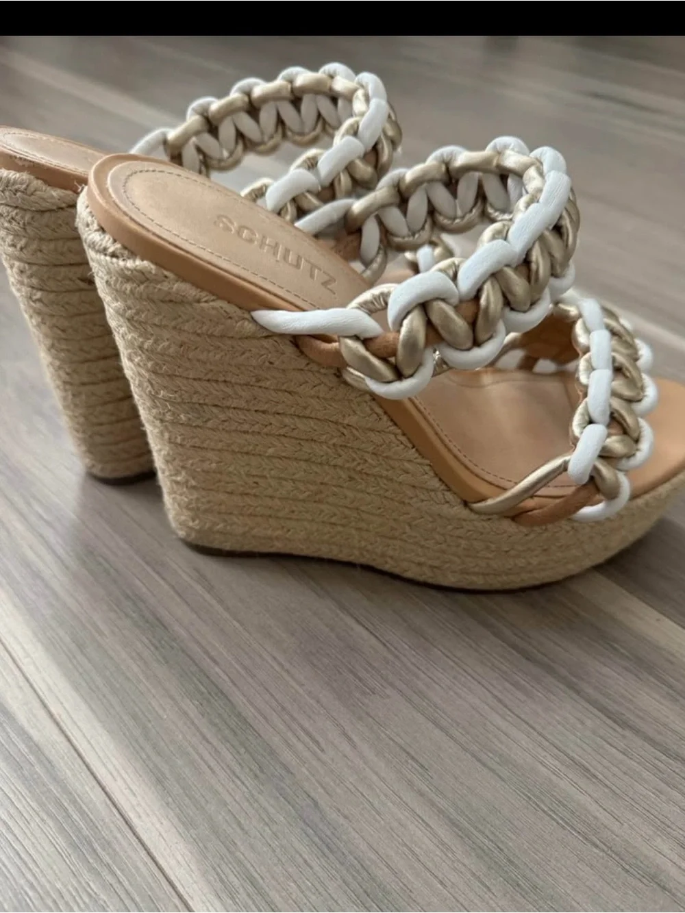SCHUTZ White and Gold Braided Espadrille Wedge Sandals
